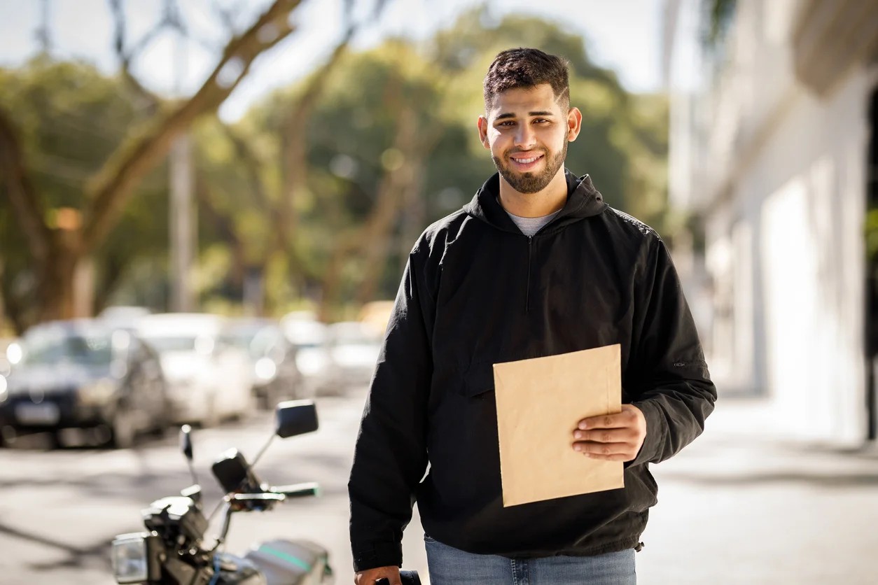 homme tenant une enveloppe près de sa moto